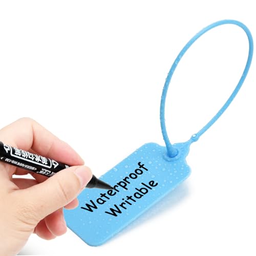 100 Blue Blank Plastic Tags for Labeling Waterproof Hanging Labels Writable Tags Seal Plastic Marking Label for Clothes Bags Keys Inventory with One Marker Pen - color: Blue, size: 100 PCS