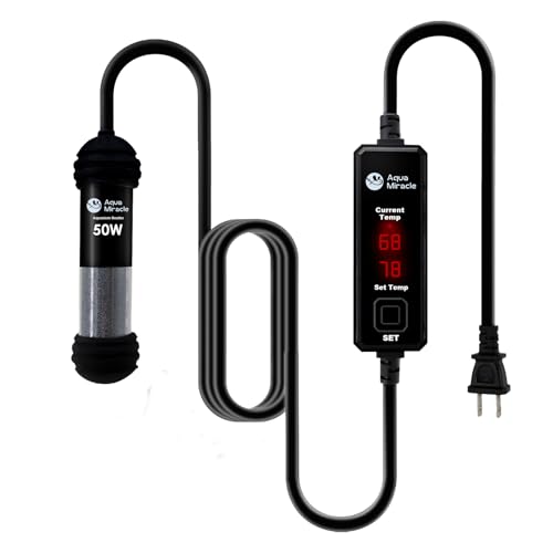 AquaMiracle Upgraded 50W Small Aquarium Heater Fish Tank Heater Turtle Heater Super Mini Aquarium Heater, Dry-Run/Overheating Protection and Memory Function, Dual LED Display, for 5-10 Gal Tanks - size: For 5-10 Gal Aquariums