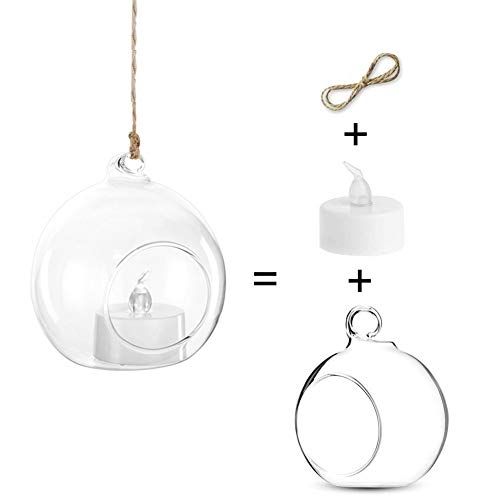 NUPTIO Hanging Glass Tealight Holders with LED, 24 Pcs, 3.15 Inch | Includes Flameless Lights, Clear Votive Globes, Ready to Hang, for Terrariums, Gardens, Weddings, DIY Gifts - size: 3.15 inches