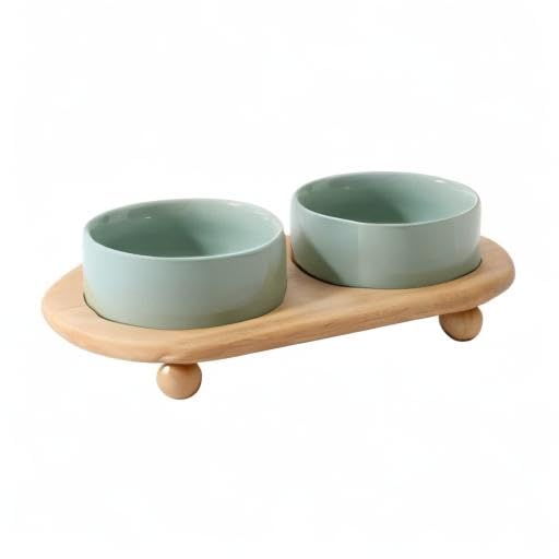 Havniva Raised Cat Bowl 5.1” Elevated Ceramic Cat Food and Water Bowl Set | Cat Bowls Elevated, Whisker Friendly Cat Bowl, Non-Slip Wood Stand, Food-Grade Ceramic, Wide Opening, Dishwasher Safe - color: Light Green, size: 2 Bowls+Tray - 5.1"