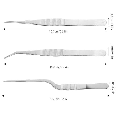 Stainless Steel Tweezers Set for Small Gardening and Kitchen, Multi-Purpose Tools Silver Tweezers (3Pcs, 6.22Inches / 6.33Inches / 6.4Inches)