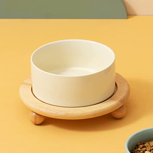 Havniva Raised Cat Bowl 5.1” Elevated Ceramic Cat Food and Water Bowl | Cat Bowls Elevated, Whisker Friendly Cat Bowl, Non-Slip Wood Stand, Food-Grade Ceramic, Wide Opening, Dishwasher Safe - color: Light Yellow, size: Bowl+Tray - 5.1"