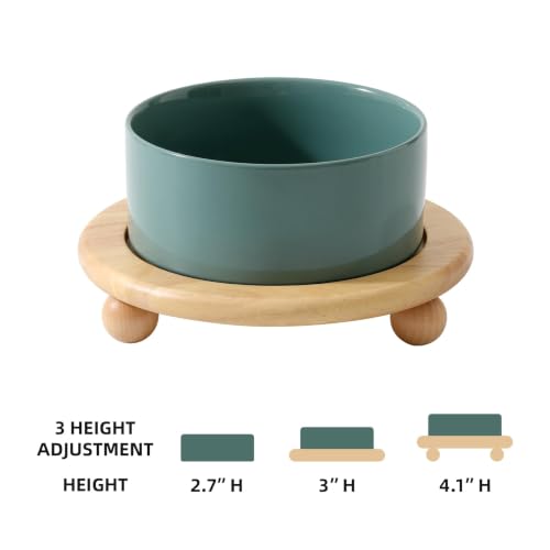 Havniva Raised Cat Bowl 6.1” Elevated Ceramic Cat Food and Water Bowl | Cat Bowls Elevated, Whisker Friendly Cat Bowl, Non-Slip Wood Stand, Food-Grade Ceramic, Wide Opening, Dishwasher Safe - color: Dark Green, size: Bowl+Tray - 6.1"