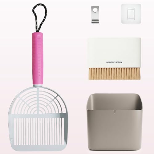 Cat Litter Scoop with Holder, 3 in 1 Metal Kitty Scooper | Heavy Duty Deep Litter Sifter with Dustpan & Mini Broom, Dual Coarse & Fine Grid, Quick Sift, Universal for All Cat Litter - color: Pink, size: Large