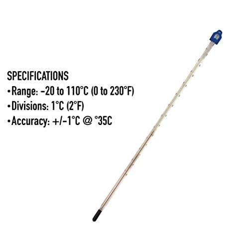 Glass Thermometer -10 to +110 C&F 300mm Liquid in Glass - Scientific Laboratory Grade for Water & Liquids - Partial Immersion