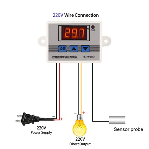 2PCS XH-W3002 Digital Temperature Controller -50 to 110 °C Programmable Heating Cooling Thermostat LED Display Thermostat Control Switch and NTC 10K Thermistor Sensors with Waterproof Probe