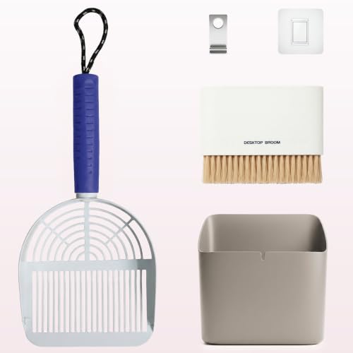 Cat Litter Scoop with Holder, 3 in 1 Metal Kitty Scooper | Heavy Duty Deep Litter Sifter with Dustpan & Mini Broom, Dual Coarse & Fine Grid, Quick Sift, Universal for All Cat Litter - color: Dark Blue, size: Large