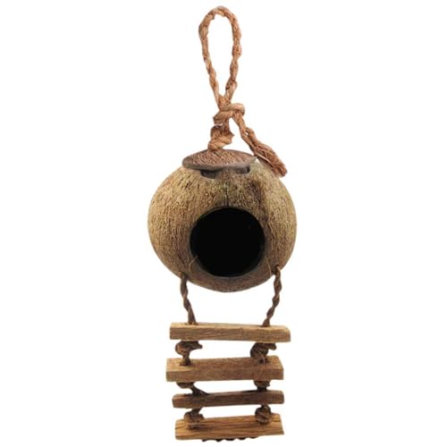 SunGrow Hermit Crab Coco Hut with Ladder, Hamster & Hermit Crab Hideout, Coconut Hide for Reptiles, Crab Cage Climbing Toys, Coconut Shell Mouse House, Habitat Tank Accessories, 5"