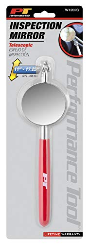 Performance Tool W1262C 2 in. Telescoping Swivel Inspection Mirror | Ideal for automotive and home inspections. Extends 10 to 17 inches for visual access to confined areas - size: 2.6"L x 9.1"W