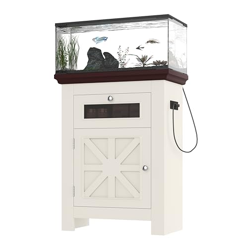 10-15 Gallon Fish Tank Stand, Aquarium Stand with Power Outlets, 198LBS Capacity, Fish Tank Table with Storage Cabinet and Drawer, Aquarium Table for Reptile Terrarium Stand, Beige Brown