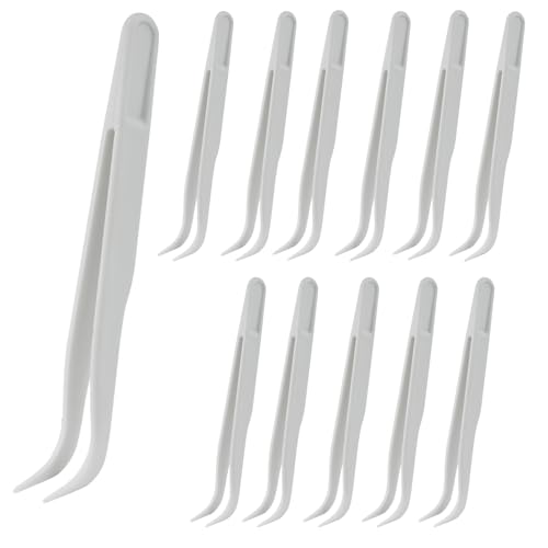 Coufce 12pc White Plastic Tweezers, 4.5 Inch Bent | DIY Jewelry Making, Crafts, Baking Decoration, Reptile Feeding & Bead Craft Tools