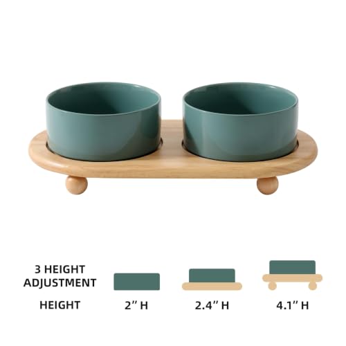 Havniva Raised Cat Bowl, 6.1” Elevated Ceramic Cat Food and Water Bowl Set | Cat Bowls Elevated, Whisker Friendly Cat Bowl, Non-Slip Wood Stand, Food-Grade Ceramic, Wide Opening, Dishwasher Safe - color: Dark Green, size: 2 Bowls+Tray - 6.1"