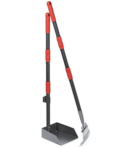Dog Pooper Scooper, Dog Poop Tray and Rake Set with Long Stainless Handles | Pet Waste Removal Scoop with Adjustable Sectional Handles - color: Black/Red