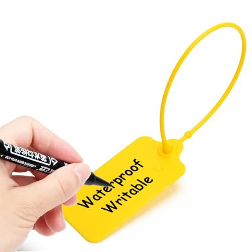 100 Yellow Blank Plastic Tags for Labeling Waterproof Hanging Labels Writable Tags Seal Plastic Marking Label for Clothes Bags Keys Inventory with One Marker Pen - color: Yellow, size: 100 PCS