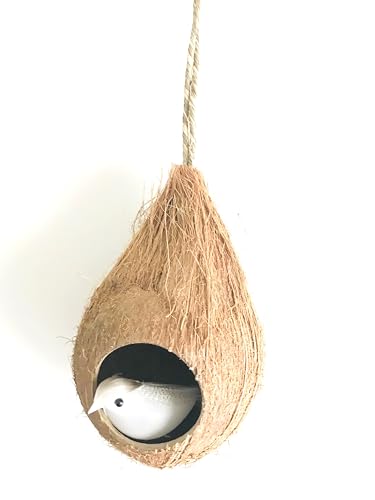 Natural Coconut Reptile Hide with Fiber Loop, Hideout for Gecko, Snake & Fish, Egg Laying Shelter, Hanging Bird House, Perfect for Small Finch, Humming Birds Opening 2” Diameter, 1 Pack (1-Hole)