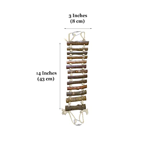 SunGrow Gecko Wooden Ladder Bridge, 14 x 3 inches, Exercise Gym, Interactive Swing Perch for Resting, Metal Clasps for Hanging, Vertical Stairs for Climbing