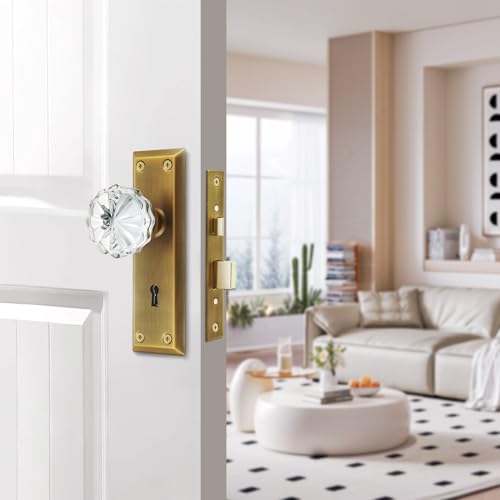 Mortise Lock Set for Interior Door with Crystal Glass Door Knobs | Antique Brass, Vintage Door Knobs with Lock and Antique Skeleton Key Replacement Old Style Door, 2-3/8" Backset - color: Antique Brass, size: 1 Pack Mortise Lock