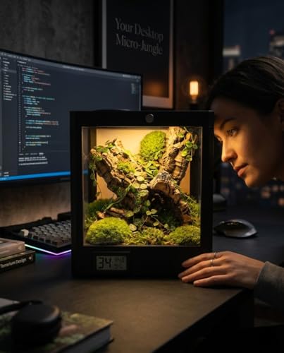 Smart Jumping Spider Terrarium with LED Light & Temp Humidity Monitor – Micro-Jungle Reptile Enclosure, Vertical Desktop Rainforest Ecosystem Display Decor
