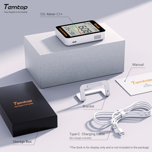 Temtop C1+ Smart Indoor Thermometer Hygrometer with Bluetooth and APP | Portable CO2 Meter with Digital Room Temperature Humidity Monitor, Real-Time Data Sync for Home, Office, Baby Nursery, School - size: C1Plus-Temp/Humidity/CO2/AQI