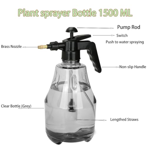 2 Pack Handheld Pump Sprayer, Garden Pressure Water Spray Bottle | Spraying Bottle with Adjustable Brass Noozle for Houseplant Watering, Lawn Care, Household Cleaning & Patio Maintenance - color: 1.5L-Grey-2PCS
