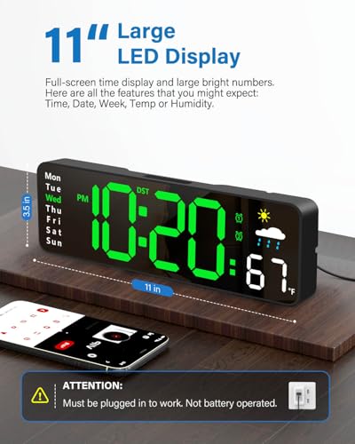 Digital Wall Clock, Digital Clock Large Display with Remote Control, Corded LED Alarm Clocks with Date, Week, Temp, Humidity, Auto DST, Countdown, for Living Room Bedroom Classroom Office (Green) - color: Green