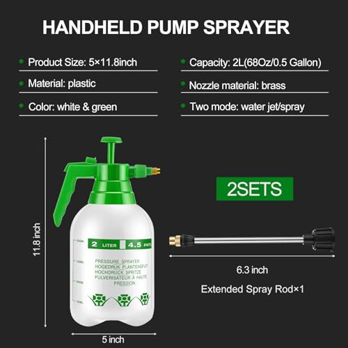 2 Set Handheld Pump Sprayers 0.5 Gallon Water Spray Bottles 2l Garden Plant Pump Sprayers with Adjustable Steel Nozzle Extended Rod for Plant Mist Watering Cleaning Spraying Fertilizing - color: White, size: 2L