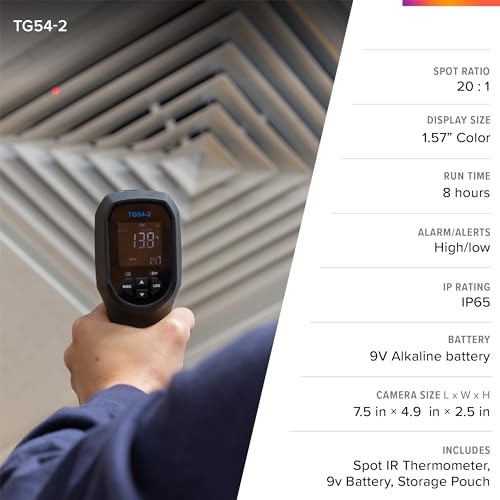 Flir TG54-2 Infrared Spot Thermometer, -22 to 1562F, 20:1 | Non-contact, 20:1 distance-to-spot, color display, IP65, 3m drop, 9V battery (8hr), lanyard - style: TG54-2