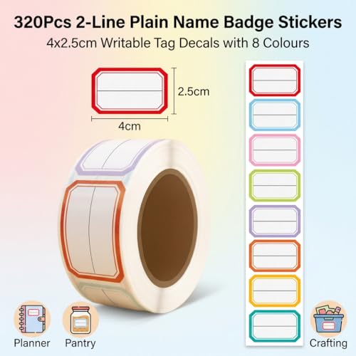 320Pcs 4x2.5cm 2-Line Name Badge Stickers, 7-Color Writable Tag Labels | 320Pcs 4x2.5cm 2-Line writable badge stickers in 7-color assortment for planners, jars, crafts, school, office, or home. - color: 320pcs- 7 Colors 2-liner