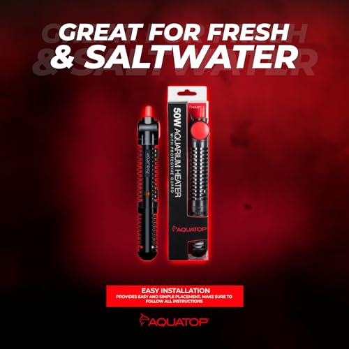 Aquatop 50W Premier Glass Heater with Guard – Submersible for Fish Tanks Up to 13 Gallons – 68-93°F Adjustable Temp – Fresh & Saltwater Use - size: 50 Watts