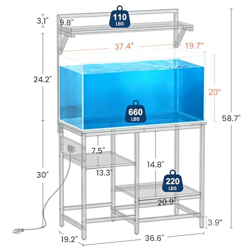 40 Gallon Fish Tank Stand for Standard & Breeder Tanks, Black | Fits 40 Gal Long, Tall & Breeder Tanks for Aquarium, Reptile Terrarium & Turtle Tank. Top Shelf, AC Outlets, 37.4"L x 19.7"W - size: 40 Gallon