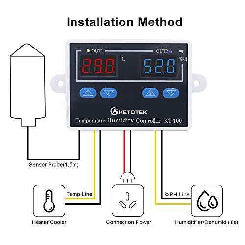 KT100 Humidity Temperature Controller 120V Thermostat Humidistat Control | 10A Direct Output with 1.5m Temperature Humidity Sensor 10~99%RH, -58~176°F