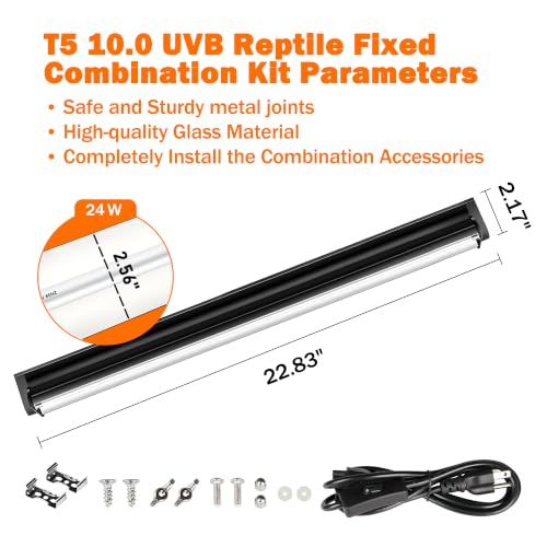 T5 10.0 UVB Reptile Light Fixture, 24W 22" for Bearded Dragon | Combo kit with stand & hood. 24W 22" T5 10.0 UVB/UVA. For bearded dragons, tortoises, lizards & amphibians. - color: Black-fixture, size: T5-22"