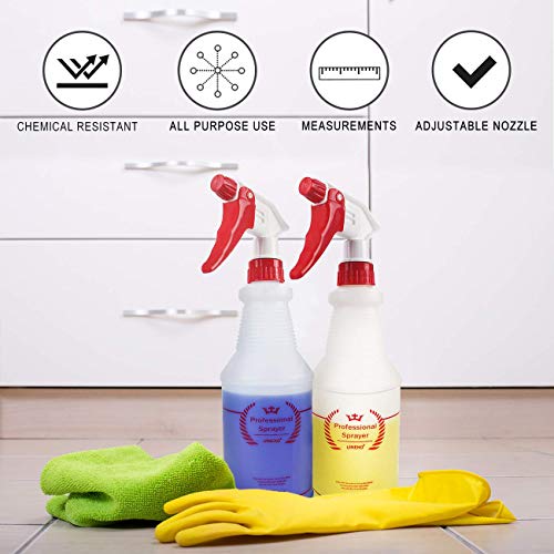 Plastic Spray Bottles 2 Pack, 32 Oz, Heavy Duty Sprayer, All-Purpose, Red | Chemical Resistant, Mist & Stream, Leak-Proof, Better Trigger, Measurements, for Cleaning Solutions, Planting, Car Detailing - color: Red