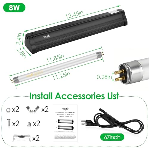 UVB Light for Reptiles Bearded Dragon, T5 UVB Reptile Light Fixture HO UVB Bulb Lighting Combo Kit 10.0 8W UVA UVB Reptile Light Bulb Terrarium Lamp Tube Bar for Snake Gecko Turtle Lizard, 12 Inch - size: T5-12Inch