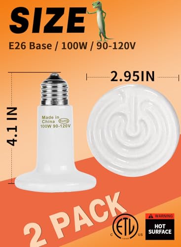 100W 2 Pack Ceramic Heat Lamp,White Dimmable Infrared Bulb No Light Emitter Lamp Infrared Ceramic Heat Lamp Bulb for Pet Coop Heater Reptile Chicken Lizard Turtle Brooder Bulb, ETL Listed