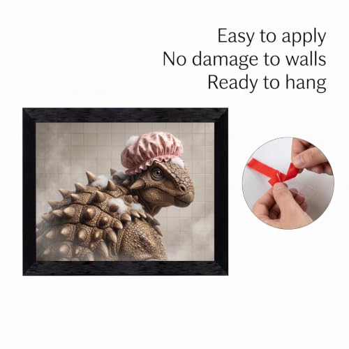 Framed Canvas Wall Art 3D Digital Ankylosaurus in Shower Cap Green Prehistoric Dino with Pink Floral Canvas Print Poster Black Frame Wall Decor for Bathroom Funny Art, Unique Gift - Inch 12x16 - color: Multicolor Art 4, size: 16"L x 12"W