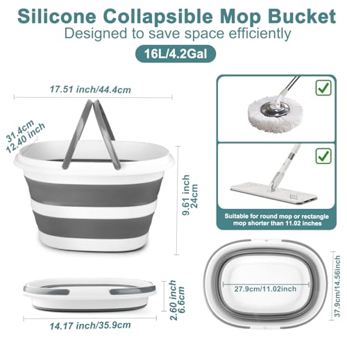 Collapsible Mop Bucket with Handle for Cleaning, 16L(4.2 Gallon) Silicone Square Mopping Bucket for Windows Cleaning or Car Washing, Cleaning Supplies Organizer Plastic Bucket for Storage, 2 Pack - color: Gray+green, size: 16L