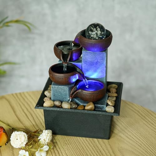 Small Indoor Water Fountain, Zen Meditation Waterfall Feature with Automatic Pump & Natural River Rocks, Tabletop Waterfall Fountain for Office Living Room Bedroom, 7.48” Tall - color: A
