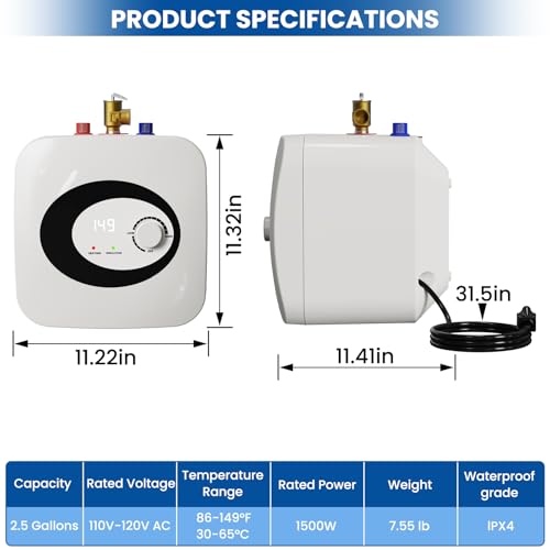 2.5 Gallon Electric Water Heater, 1500W 110V Mini-Tank Under Sink Instant Hot Water Heater with Pressure Relief Valve, for Kitchen, RV, Laundry, Food Truck, Wall/Floor Mounted