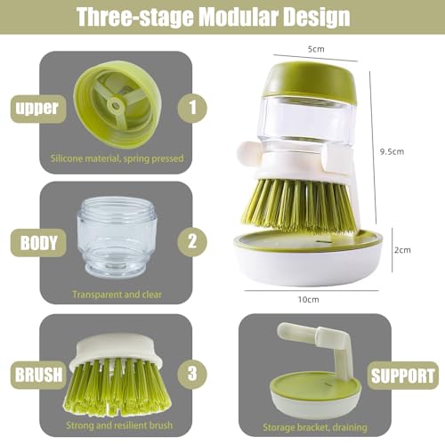 Soap Dispenser Dish Brush Palm Brush Scrub Brush Equipped with Storage Bracket and Drainage Base,Easy to Clean Kitchen Utensils and Sink, Includes a Replaceable Brush(Green) - color: Green