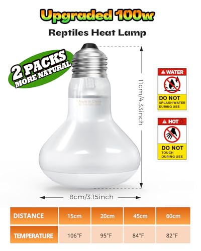 Reptile Heat Lamp, Simulate Natural Sunlight Heat Light Bulbs 2 Pack 100W Amphibians Basking Heat Lamp Bulbs for Reptiles, Bearded Dragon, Lizard, Turtle, Chicken