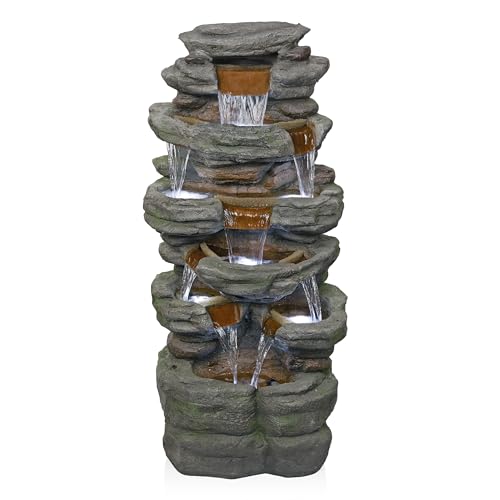 Alpine Corporation TZL352 Outdoor Floor Stone Tower Fountain with LED Lights, Multi-Level Garden Water Fountain, 47"H, Gray - style: 47" H - Multi-Level Cool White LEDs