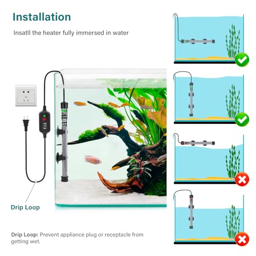 hygger Submersible Aquarium Heater, 100W 150W 200W 300W Adjustable Fish Tahk Heater with Temperature Controller, LED Display, Small Aquarium Betta Heater for up to 20/26/40/48 Gallons - size: 100W
