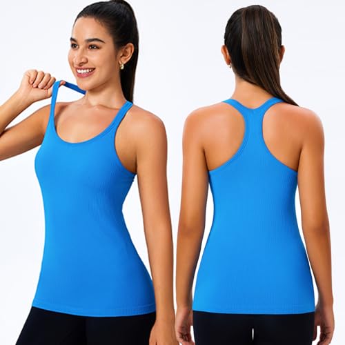 Women's Workout Tank Tops, with Built in Bra Racerback Sleeveless Camisole | Removable Pads, 1/2/3 Pack, A-D Cup, Hip Length, Low Support, Full Coverage, Camisole Sport Tanks, for Yoga Athletic Daily - color: Black French-blue 2 Pack, size: X-Large