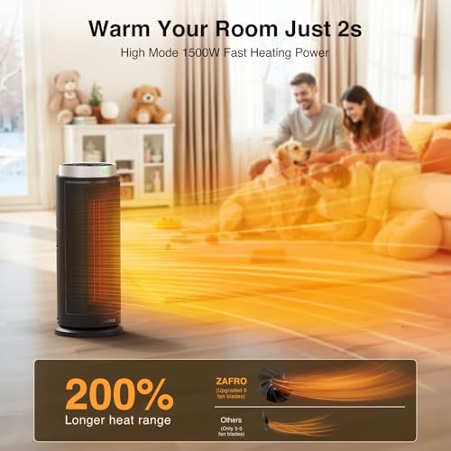 ZAFRO Space Heater, Ultra Quiet Portable Electric Heaters for Indoor Use with Thermostat, 1500W Large PTC Ceramic Fast & Wide-Angle Heat, Digital Display, 8 Safety, 5 Modes, 24H Timer for Large Rooms - size: 16 inches