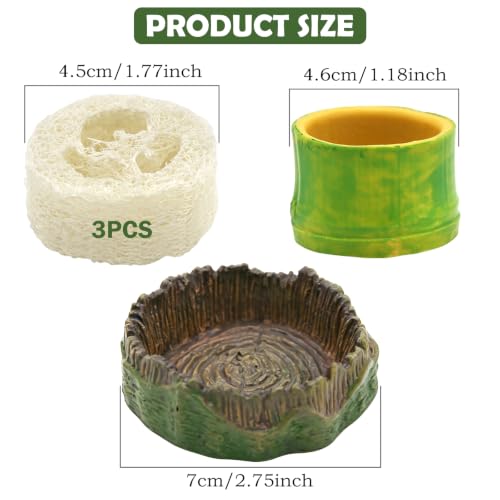 5pcs Dubia Roach Live Tree Stump Feeding Bowls & Green Bamboo Water Bowls Container with Loofah Net Set, Habitat for Dubia Roaches Live, Crickets & Springtails, Habitat Supplies - size: 5Pcs