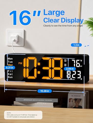MASHI 16" Easy-Read Large Digital Wall Clock,9-Color Night Light,Auto-DST | remote control,10 dimming levels,large display for time,dateand temp,Ideal plug-in wall clock for living room and seniors - color: Orange
