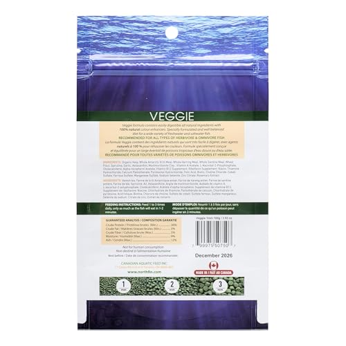 Northfin Veggie Fish Food, Slow-Sinking Pellets, 1mm, 100g | Veggie Formula; slow-sinking pellets for herbivorous & omnivorous fish; organic kelp first ingredient; crafted in Canada - size: 3.53 Ounce (Pack of 1)