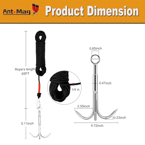 Ant Mag Grappling Hook with Claw Tips, Heavy Duty Stainless Steel Carabiner | Strong Grappling Hook for Camping, Hiking, Tree Climbing, Water Retrieval, Salvage Operations, Rugged Outdoor Rescue Gear - color: Black, size: Middle