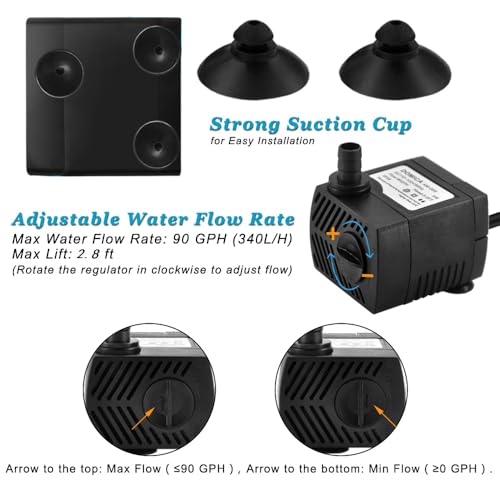 90 GPH Mini Submersible Pump, Small Fountain Pump (5W 350L/H) for water feature, Aquariums, Fish Tank, Tabletop Fountain, Pet Fountain, Indoor or Outdoor Pond Fountain (AC Powered)